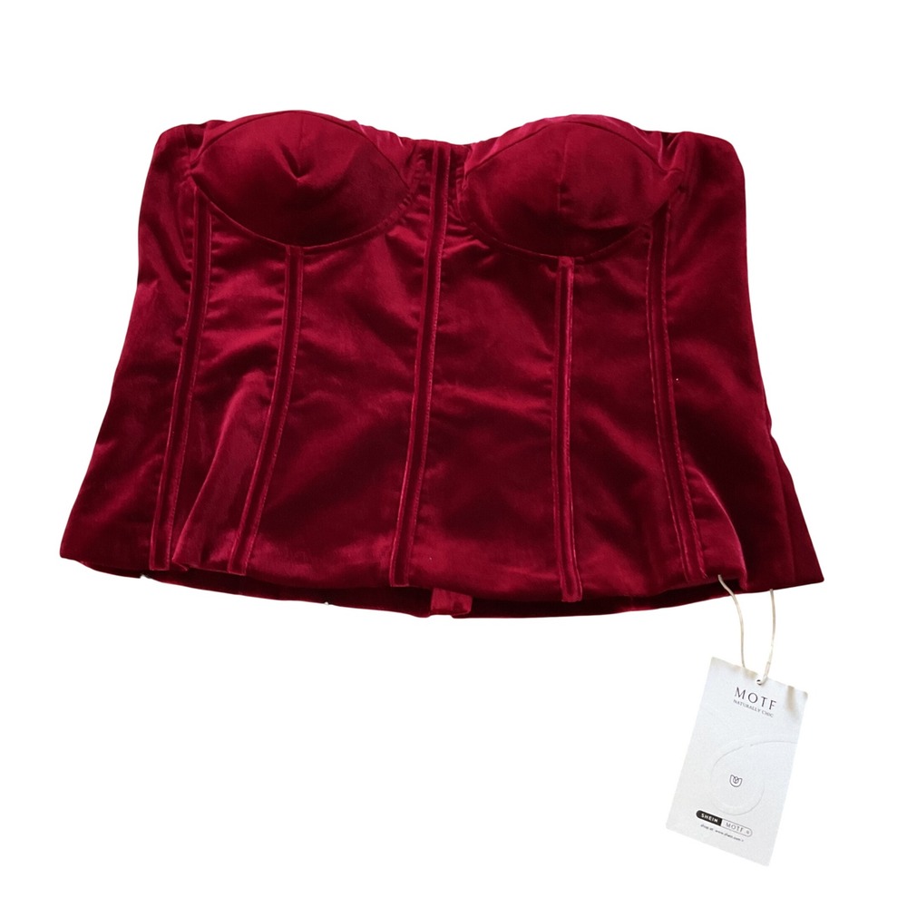 MOTF‎ SHEIN Red Velvet Corset Top Strapless Boned Sweetheart Bodice Large NWT
